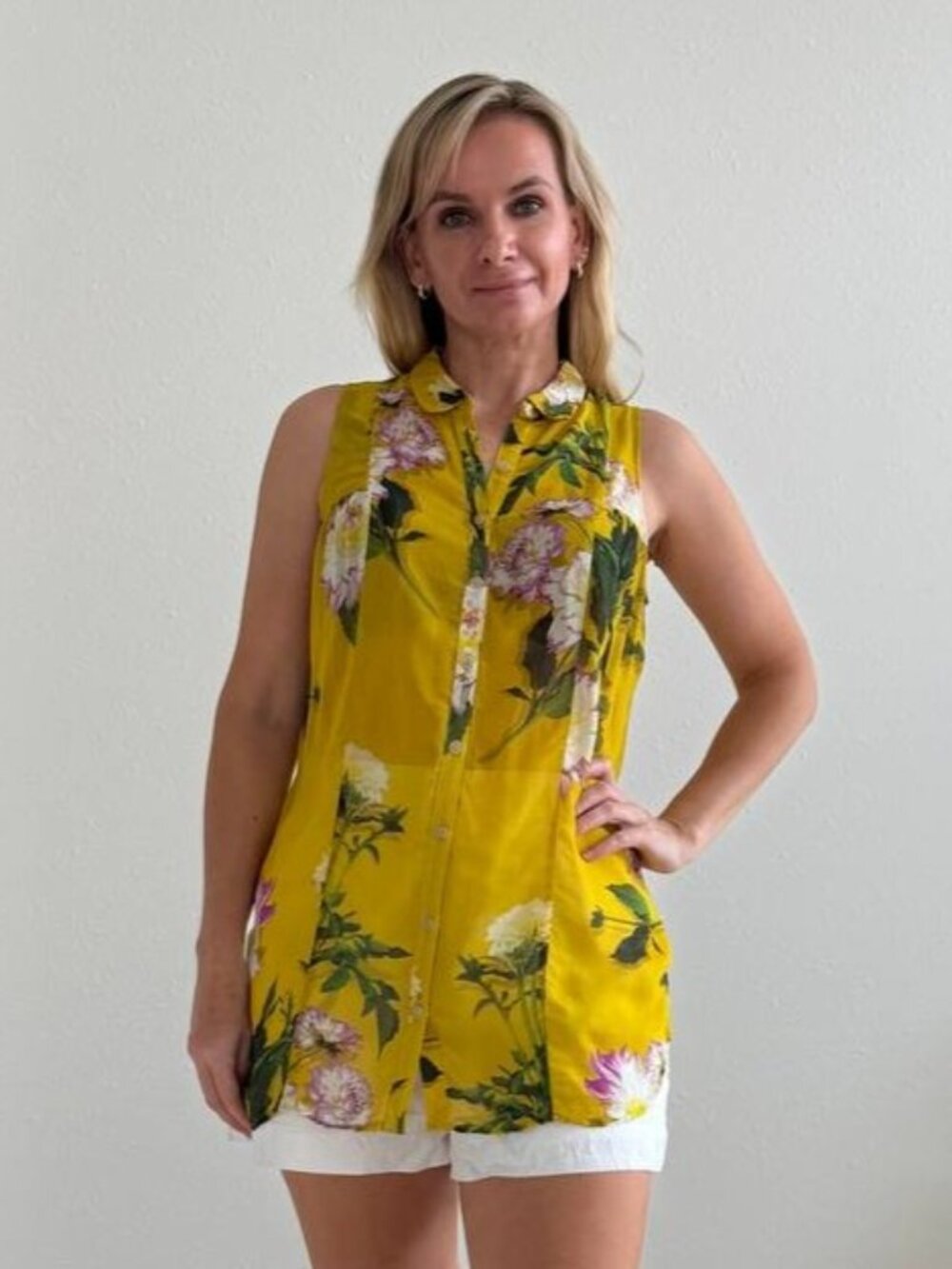 Anthropologie Maeve Duchess Yellow Floral Sleeveless Tunic Blouse XS